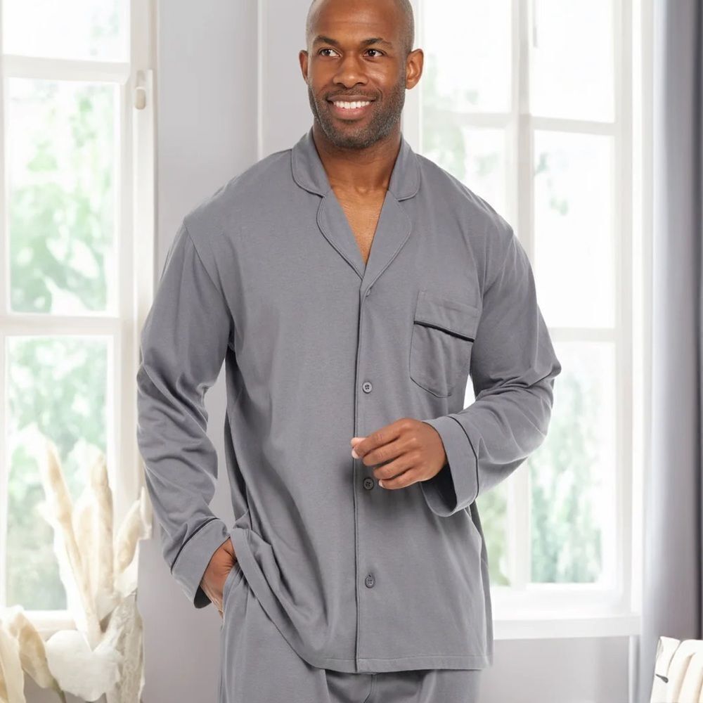 Alexander Del Rossa 3X Classic Gray Black Notched Collar Long Sleeve PJ Top